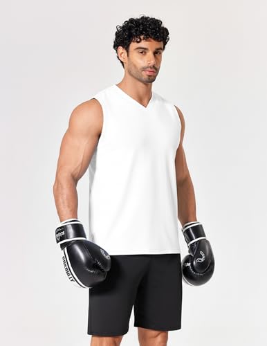 Men's Workout Tank Top V Neck Sleeveless Shirt - Large White - Quick Dry Activewear