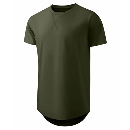 Mens T Shirt Longline Crewneck Hip Hop Casual Short Sleeve Large 3-Color/Dark Gray/Army Green