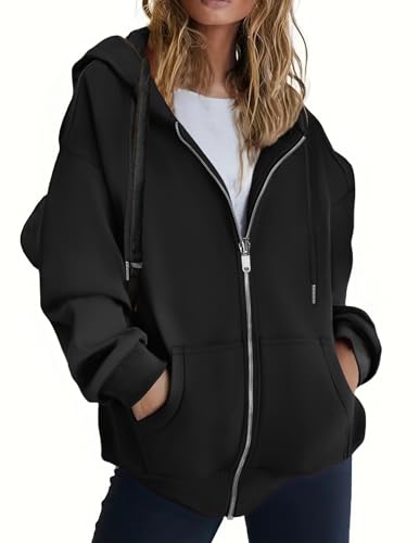 Zeagoo Women's Oversized Zip-Up Hoodie Fleece Jacket - Black, XX-Large