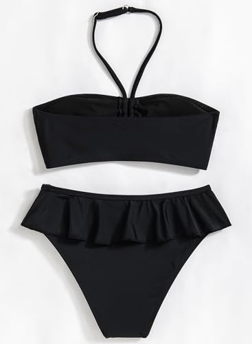 Girls Swimsuits Bikini Sets 2 Piece Bathing Suit with Ruffles & Adjustable Halter - 10 Years / Black