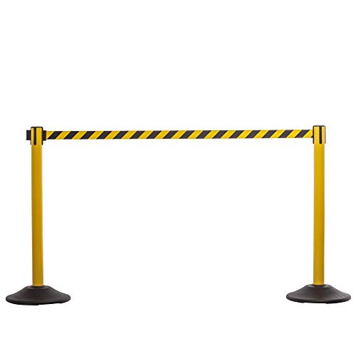 US Weight Yellow Steel Crowd Control Stanchion with 7.5-Foot Retractable Chevron Belt
