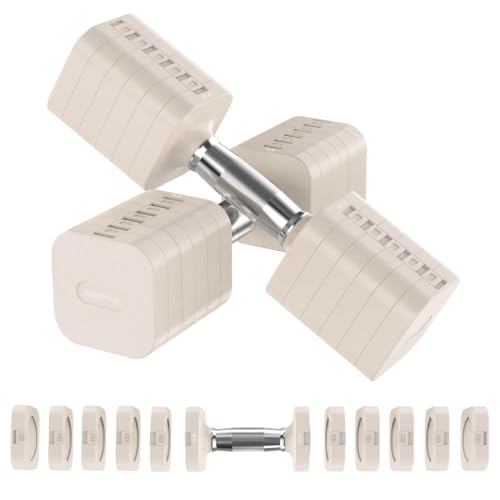 Adjustable Dumbbell Set - 15LB Each, 30LB Pair, Beige, for Home Gym