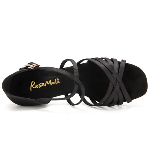RoseMoli Women's Satin Latin Dance Shoes Low Heel Ballroom Salsa Tango Practice - Black 8