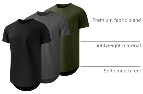 Mens T Shirt Longline Crewneck Hip Hop Casual Short Sleeve Large 3-Color/Dark Gray/Army Green