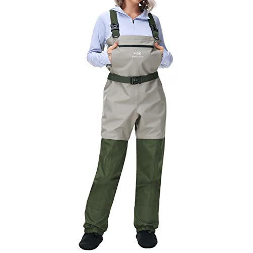 Women’s Breathable Waterproof Fishing Waders - Medium, Light Tan & Green