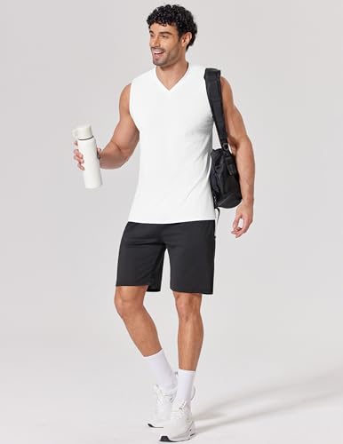 Men's Workout Tank Top V Neck Sleeveless Shirt - Large White - Quick Dry Activewear