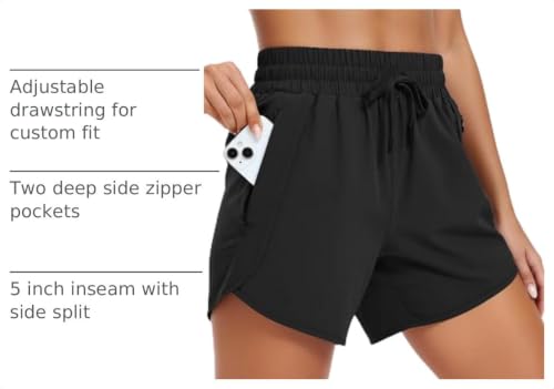 Women's 5 Inch Inseam Athletic Running Shorts with Zip Pockets - Medium Black