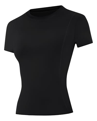 Runhit Women's Short Sleeve Compression Workout Top – UPF 50+ Quick Dry Gym Shirt, Medium, Black