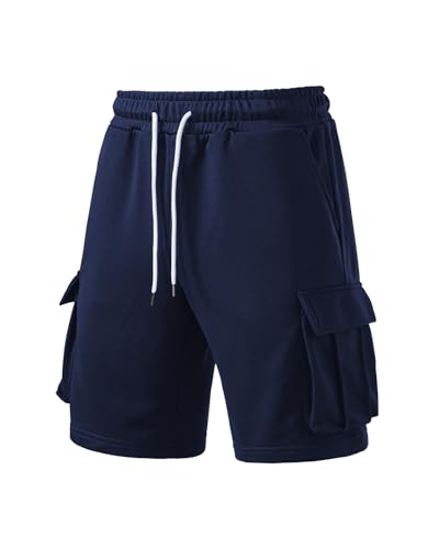 Men's Cargo Sweat Shorts - Athletic Baggy Shorts with 5 Pockets - Medium Navy Blue