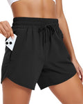 Women's 5 Inch Inseam Athletic Running Shorts with Zip Pockets - Medium Black