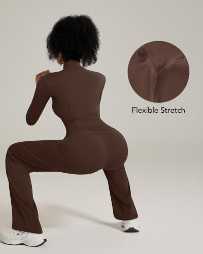Women Zip Workout Set with Flare Leggings - Chocolate Medium Size