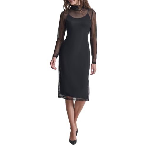 DKNY Women's Long Sleeve Mesh Turtleneck Dress - Large Black