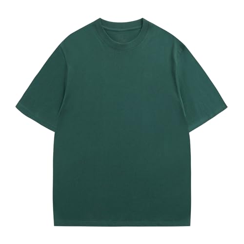 Men's Oversized Heavyweight Cotton T-Shirt Crew Neck Short Sleeve Basic Tee - Large Dark Green