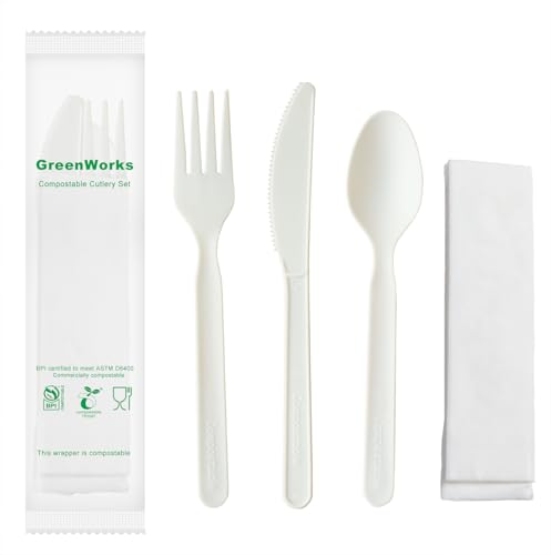 Heavy Duty Compostable Cutlery Kit - 200 Sets BPI Certified Eco-Friendly Utensils with Napkins & Bags