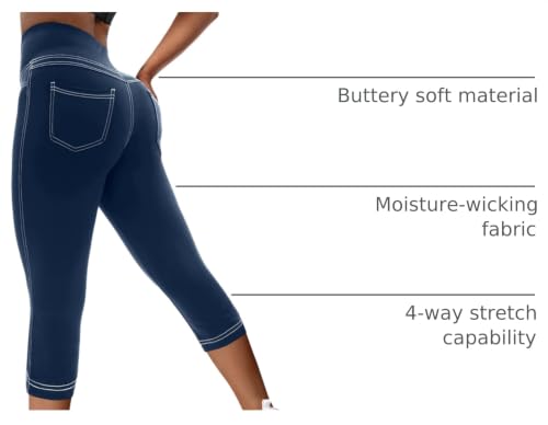 VOOVEEYA High Waisted Yoga Leggings with Back Pockets - Capri Navy Blue, 19 Inseam