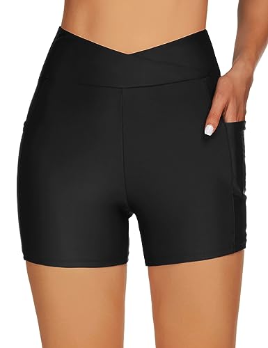 Tournesol Women's 4-Inch High Waisted Swim Shorts with Pockets - XX-Large Black