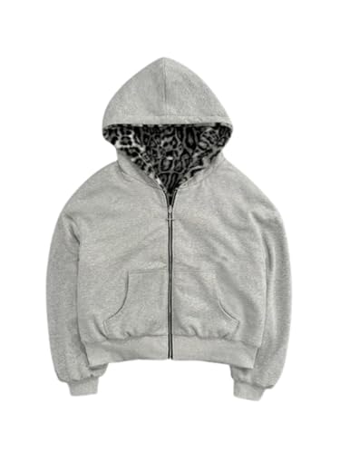 Leopard Print Reversible Hoodie Jacket - Grey Medium, CUTEGAL