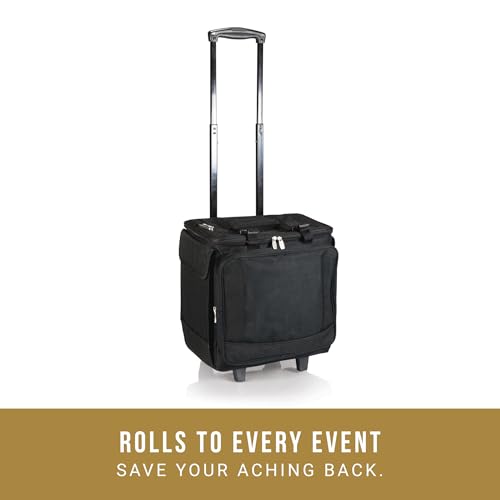 Rolling Wine Cooler Tote - Insulated 12-Bottle Cooler with Wheels & Pockets - Black - Cooler