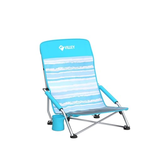 Villey Blue Stripes High Back Folding Beach Chair for Adults, Lightweight & Durable