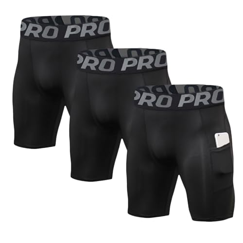 Men's Compression Shorts with Phone Pocket - Running Gym Yoga Athletic Tights, Summer Cool & Dry, Medium / Black Pack