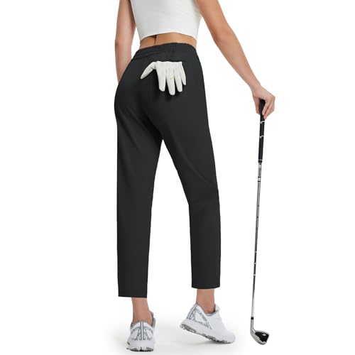 Women's Golf Pants with Zip Pockets - 7/8 Ankle Lightweight Stretch Athletic Trousers - Large / Black