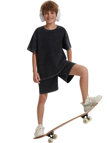 Kids Oversized Acid Wash Cotton T-Shirts - Unisex Loose Fit X-Large Black