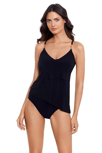 Women's Tankini Top with Chain Link Detail - Black, Size 10 - Adjustable & Soft Cup