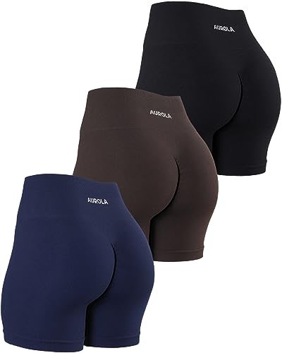 AUROLA Power Workout Shorts for Women - Medium Pack Black/Navy/Chocolate - Tummy Control, Squat Proof, Seamless Active Shorts