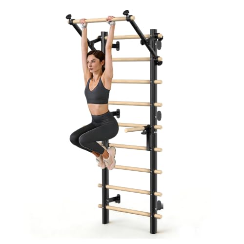 Black Swedish Ladder Stall Bars for Home Gym, 300 LBS Wall Mount with Pull-Up & Dip Station