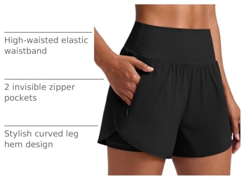 Medium Black Women's 2-in-1 High Waisted Athletic Running Shorts with 2 Zip Pockets