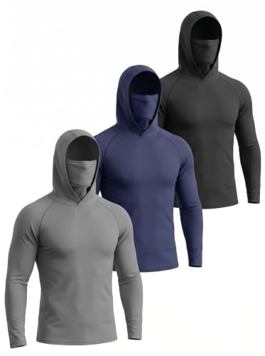Men's Sun Protection Fishing Hoodie with Face Mask UPF 50+ Long Sleeve Quick Dry - Large Black White Gray Pack of 3