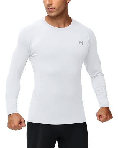 Men's Compression Shirt Long Sleeve Quick Dry Athletic Workout Gym T-Shirt SPF Running Top Base Layer - Medium White