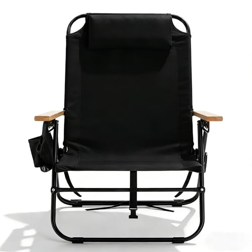 Night Black Portable Camping Chair with 5-Position Recline & Wooden Armrests