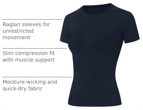 Runhit Women's Short Sleeve Compression Workout Shirt Medium Navy - Athletic Gym Base Layer