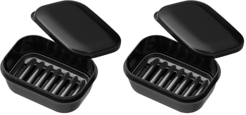 Quatish Leakproof Travel Soap Dish with Lid & Draining Layer - Black Medium, Pack of 2