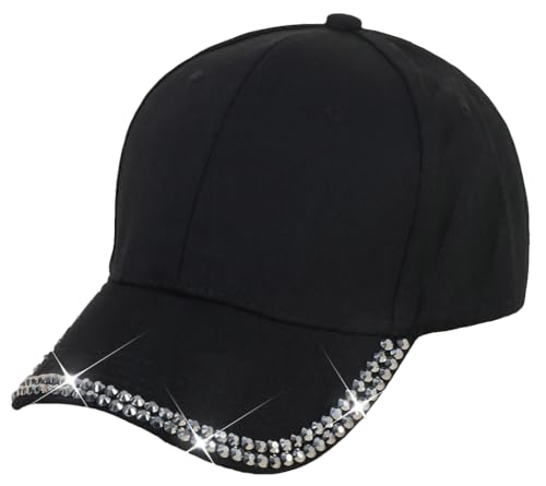 Black Rhinestone Baseball Cap Bling Stylish Adjustable Sun Hat for Women