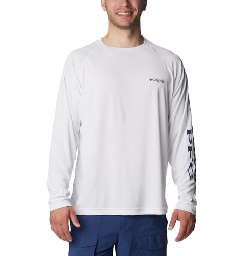Men's Long Sleeve Fishing Shirt UPF 50 Sun Protection White/Nightshade Logo Large