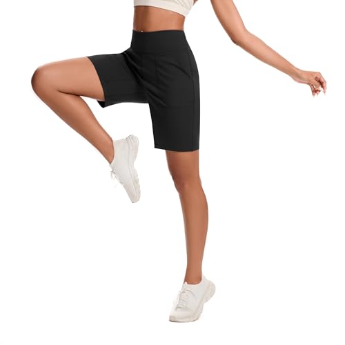Women’s Bermuda Shorts with Zipper Pocket High Waist Long Athletic Shorts - Large Black