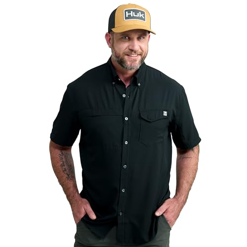 HUK Men's Tide Point Kc Scott Fishing Shirt Large Black Moisture-Wicking