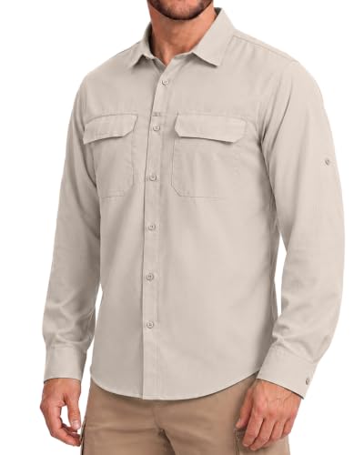 Men's UPF 50+ Long Sleeve Fishing Shirt - Khaki, Large, Sun Protection Hiking Tee