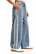 Large Dusty Blue Stripe Lace Trim Wide Leg Sweatpants for Women - Drawstring Activewear
