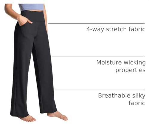 Women High Waist Wide Leg Yoga Pants with Pockets - Loose Sweatpants, 31" Inseam, Large, Black