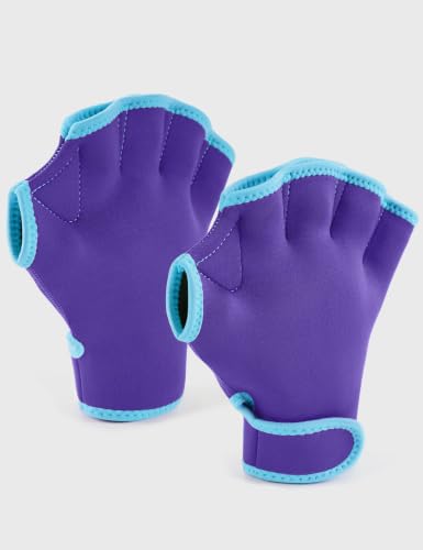 Water Resistance Swim Gloves for Aquatic Training - Purple/Teal Medium