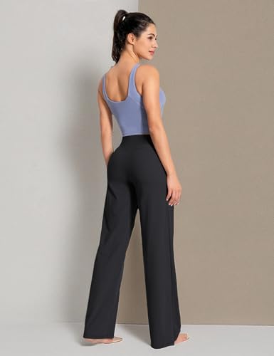 Women High Waist Wide Leg Yoga Pants with Pockets - Loose Sweatpants, 31" Inseam, Large, Black