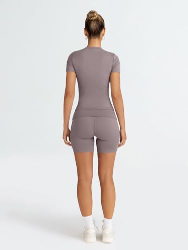 Women's 2-Piece Workout Short Set - Summer Activewear, Coffee Grey, Small
