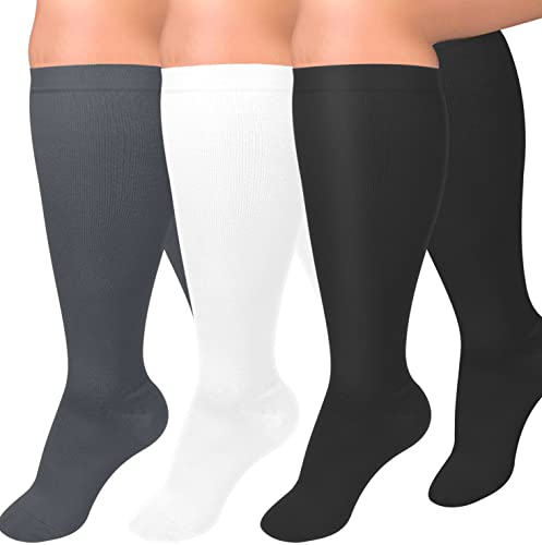 Plus Size Compression Socks for Women and Men Wide Calf Knee High Support - 01 White Gray Black XX-Large