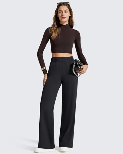 Petite Fit Women's Wide Leg Casual Pants with Elastic Waist and Pockets - Black
