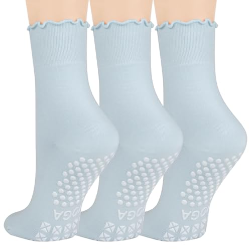 Blue Women Pilates Socks with Non-Slip Grips, Ruffled Cuff - 3 Pairs