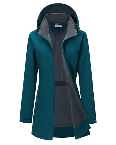 Women's Waterproof Fleece-Lined Softshell Rain Jacket with Hood - 33,000ft, Large Teal