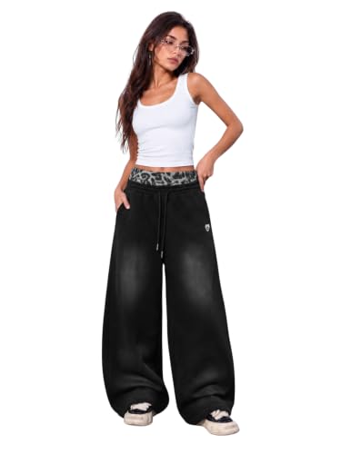Aelfric Eden Washed Leopard Double Waist Baggy Sweatpants for Men & Women - Medium Black